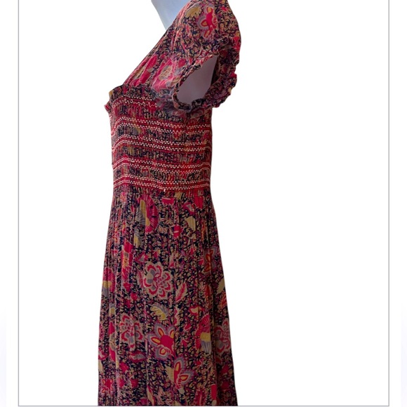 FREE PEOPLE Red Floral Getaway Maxi Dress Smocked Tiered Boho Peasant XS - Picture 8 of 9